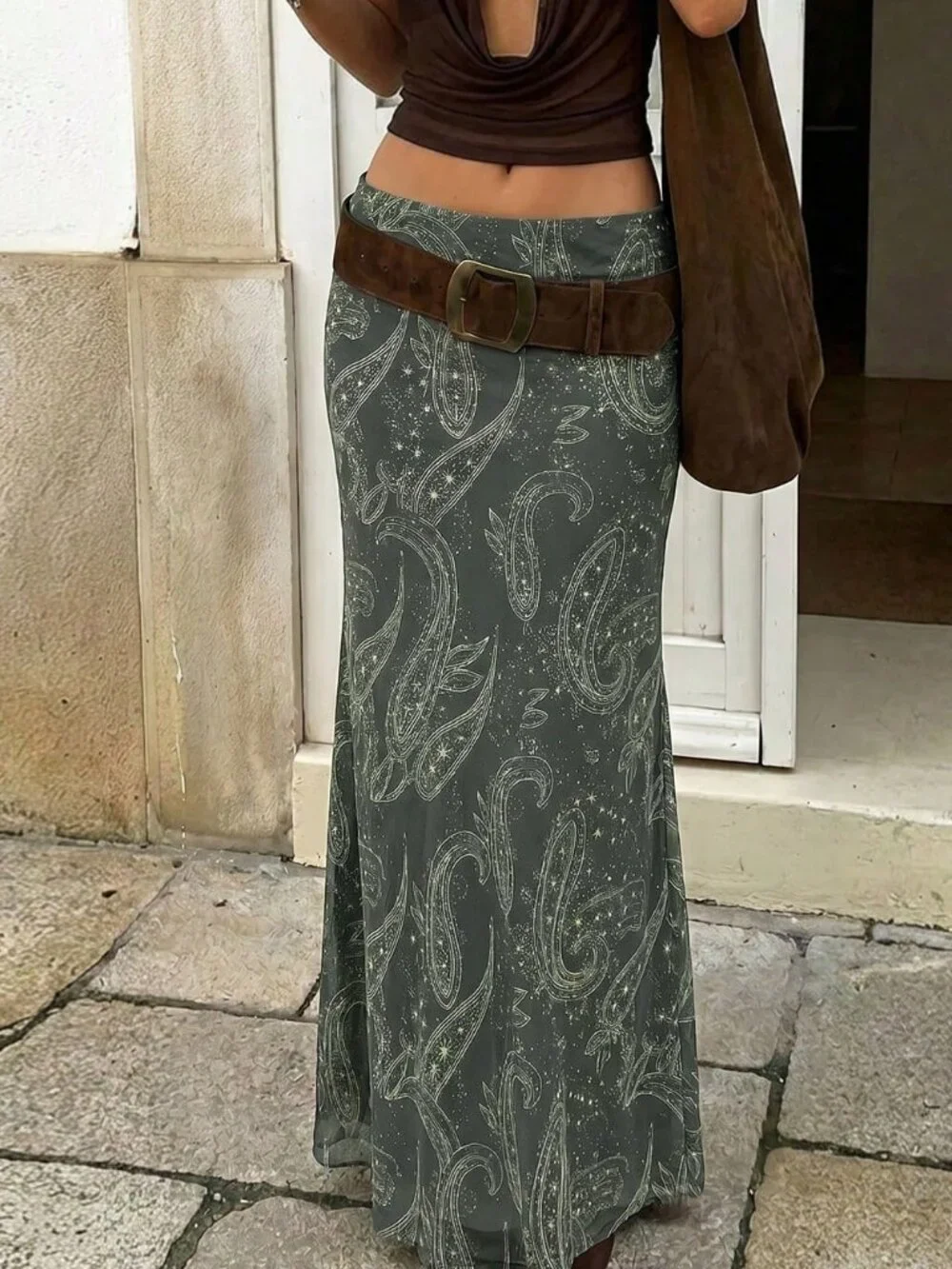 Olive Green Boho Women's Elegant Ruched Low Waist Mermaid Skirt